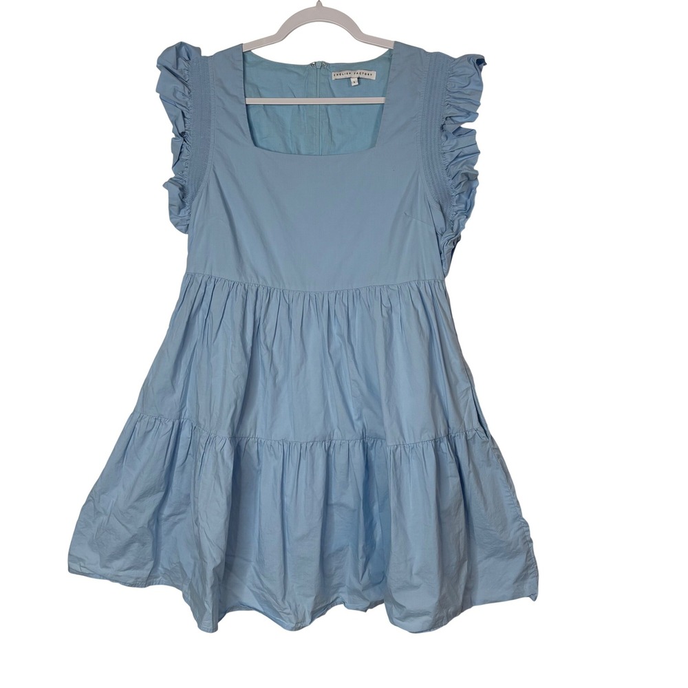 English Factory Light Blue Cotton Tiered Flutter Sleeve Babydoll  Mini Dress L